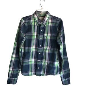Abercrombie & Fitch blue/green plaid long sleeve muscle fit button-up shirt-M